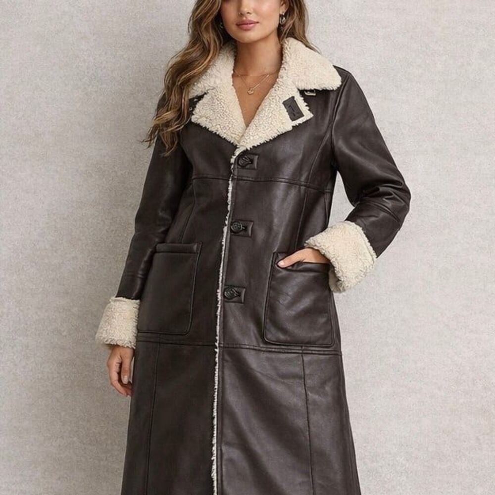 Instant Funk Espresso Brown Leather Shearling jacket coat